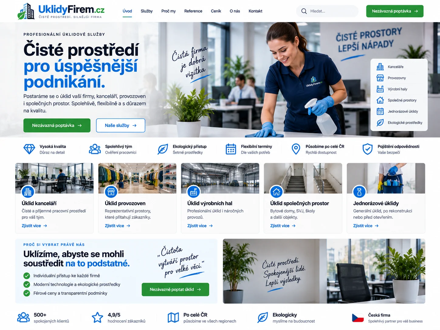 Ilustrační návrh UklidyFirem.cz s úklidem kanceláře a modrými akcenty